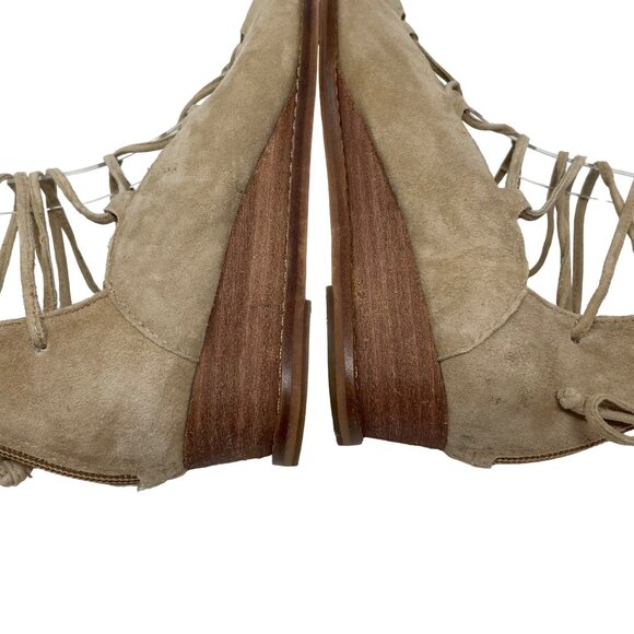 Vince Camuto Rochela Suede Wedge Size 7.5 Sandal Lace-up Tan Peep Toe - Picture 10 of 13